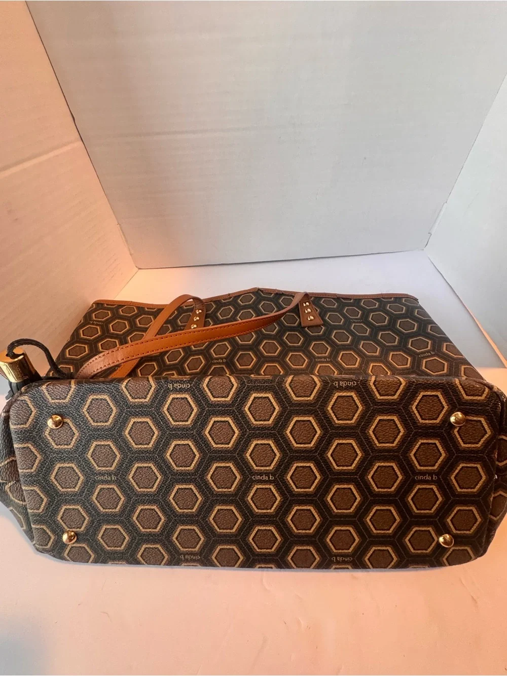 cinda b Geometric Honeycomb Large Shoulder Tote  Travel Purse Faux Leath